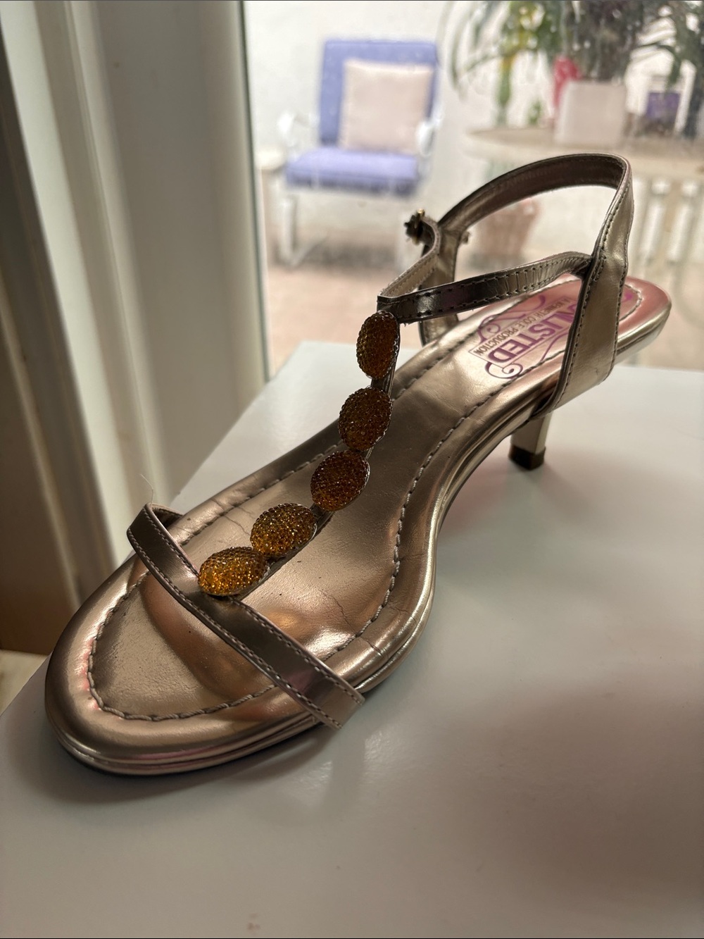 Unlisted Metallic Gold T-Strap Kitten Heel Sandals
